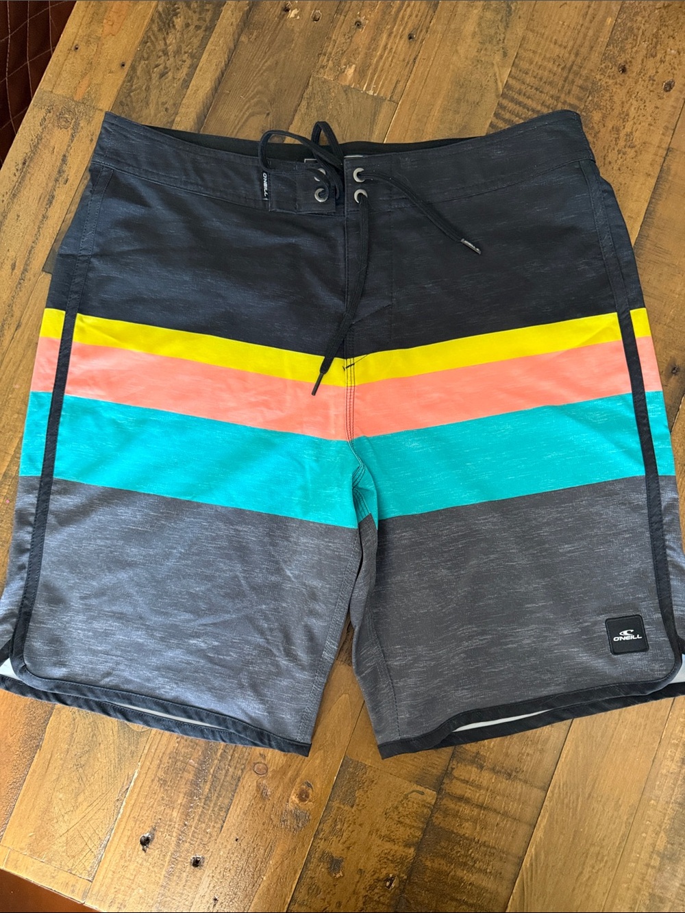 O'Neill Men's Black Swim Board Shorts with Yellow, Coral & Teal Stripes